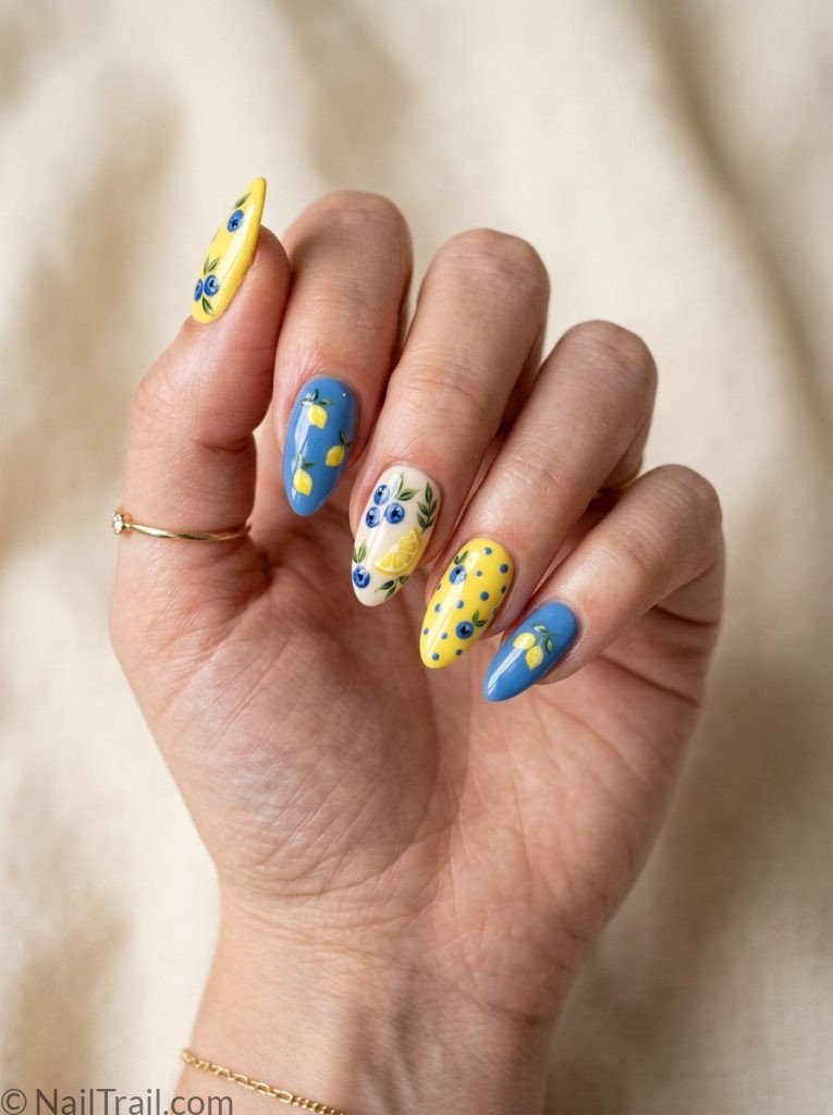 lemon blueberry press on nails yellow blue mismatched almond glossy convenient fresh summer