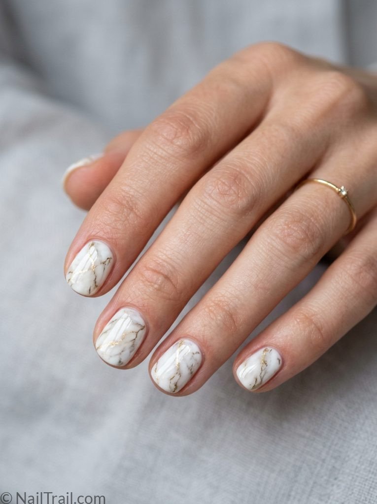 unique short nail ideas round shape white marble gold veins nail art glossy gel finish grey background