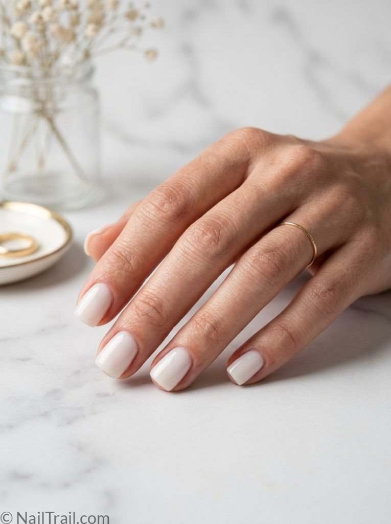 extra short nail ideas square shape milky white glossy gel finish white marble background