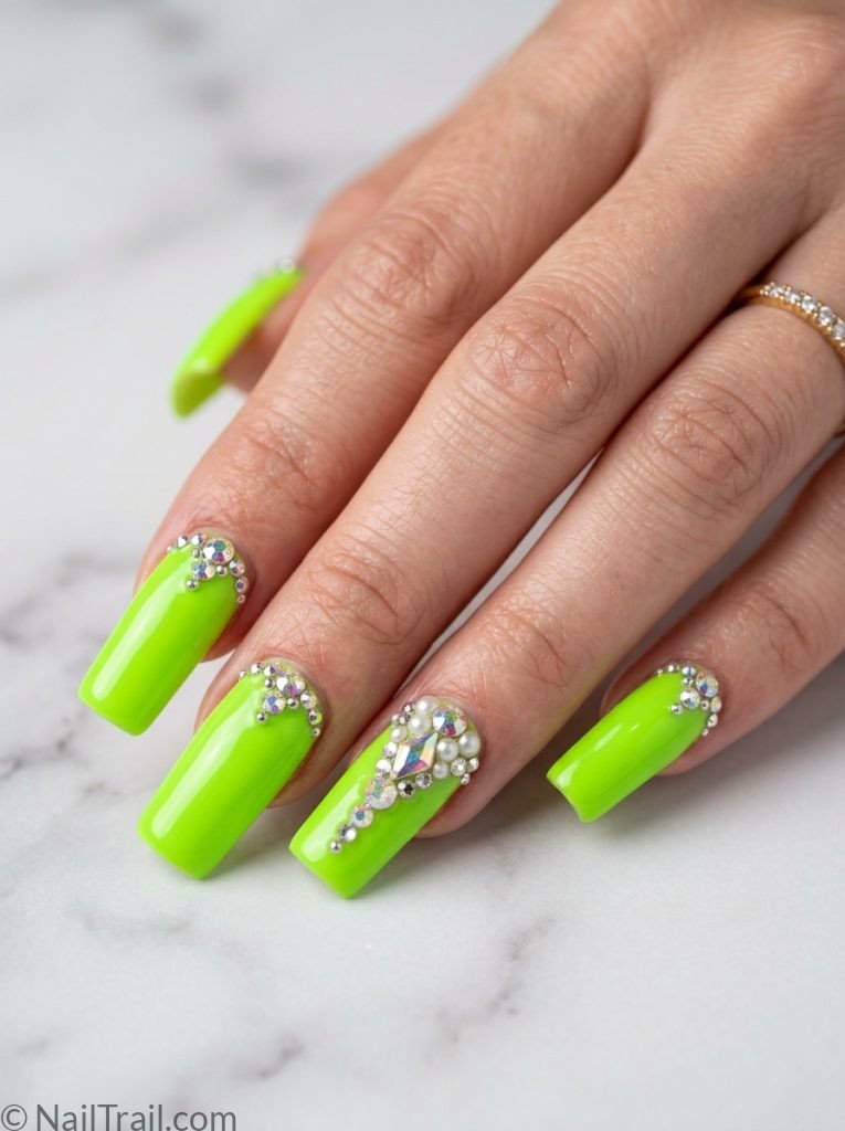 2000s square nails long square shape neon lime green rhinestone accents glossy finish marble background