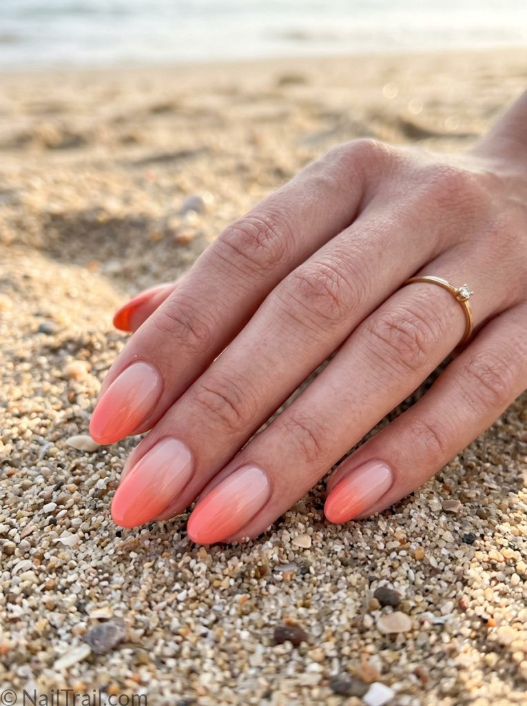 summer french tip nails ombre coral peach tip oval shape glossy gel finish beach sand background