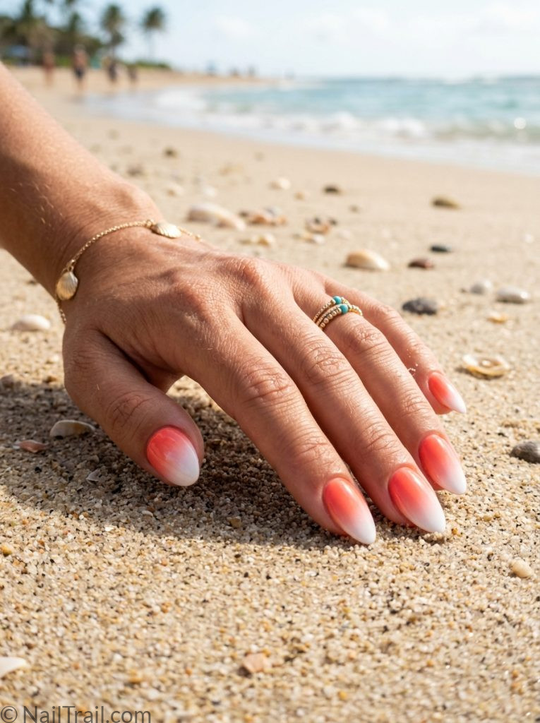 beach nail inspo almond coral white ombre gradient glossy warm summer beach