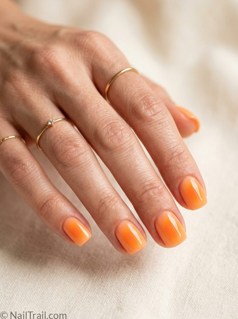 orange aura summer nails tangerine short square bright diffused glow glossy vibrant energetic
