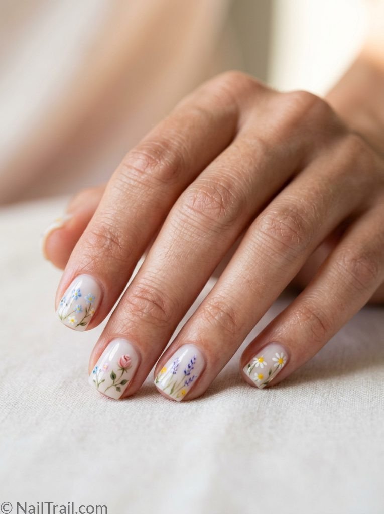 extra short nail ideas square shape tiny flowers floral art sheer white base glossy gel finish