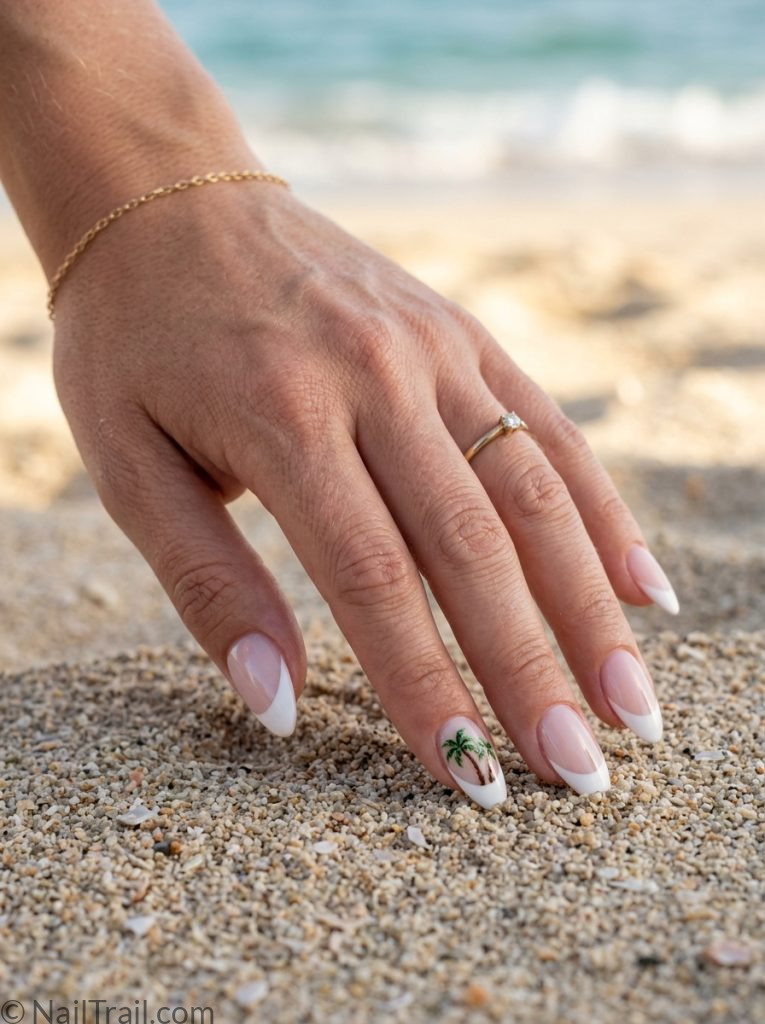 summer french tip nails vacation palm tree accent almond shape white tip glossy gel beach background