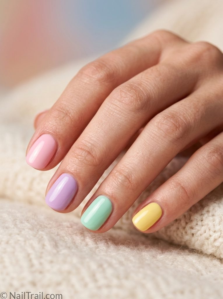 extra short nail ideas round shape pastel colors pink lavender mint yellow each finger glossy finish