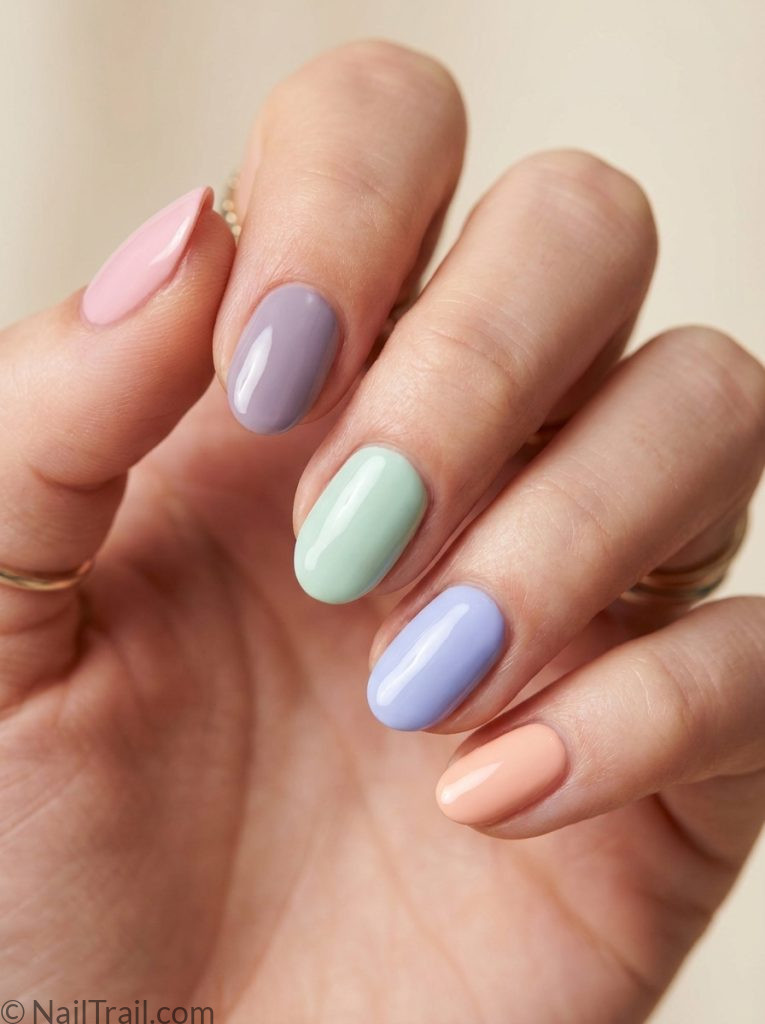 bts nails short oval shape hyyh pastel pink lavender mint different fingers glossy finish cream background