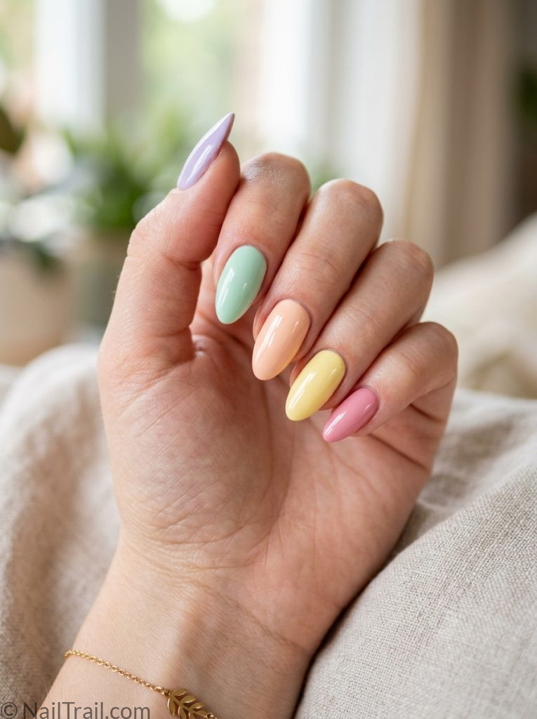 fun nail inspo almond mismatched pastel lavender mint peach yellow pink glossy joyful colorful