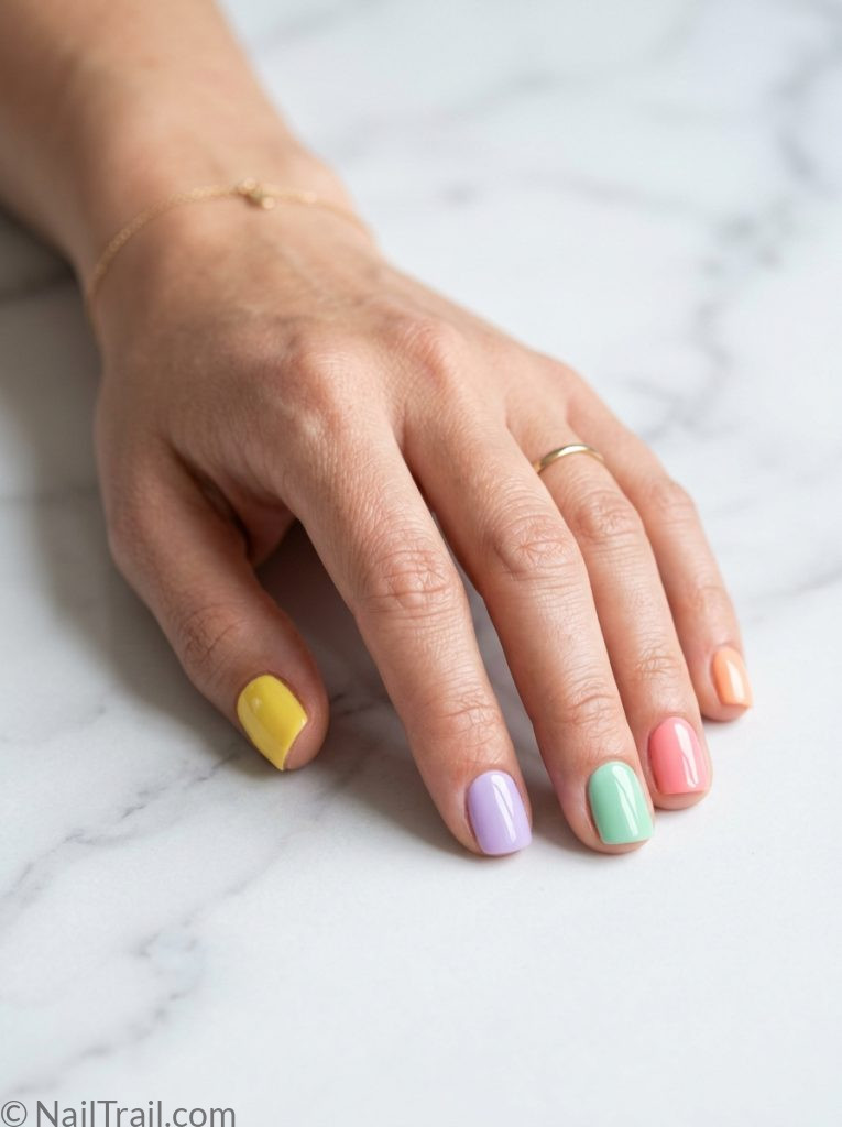 very short nails ideas summer pastel rainbow square each finger different color glossy finish