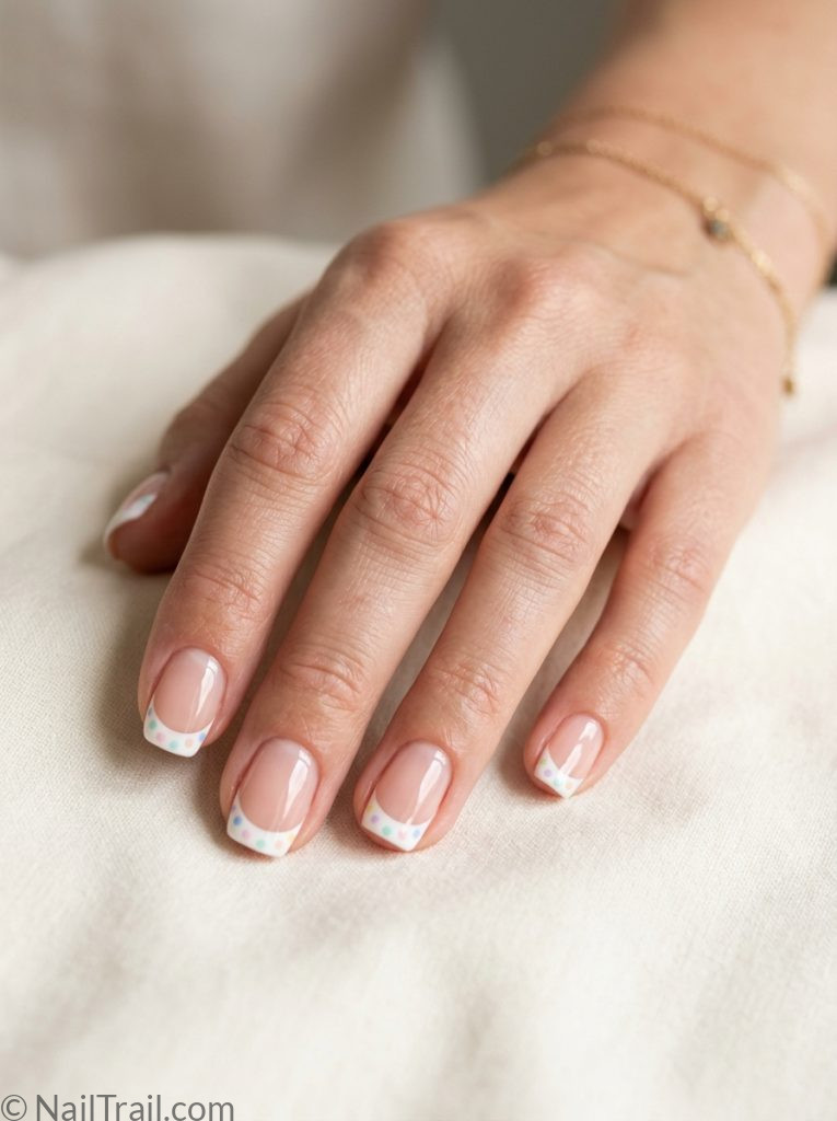 french tip nails polka dots short nails multicolored pastel dots white tip glossy finish