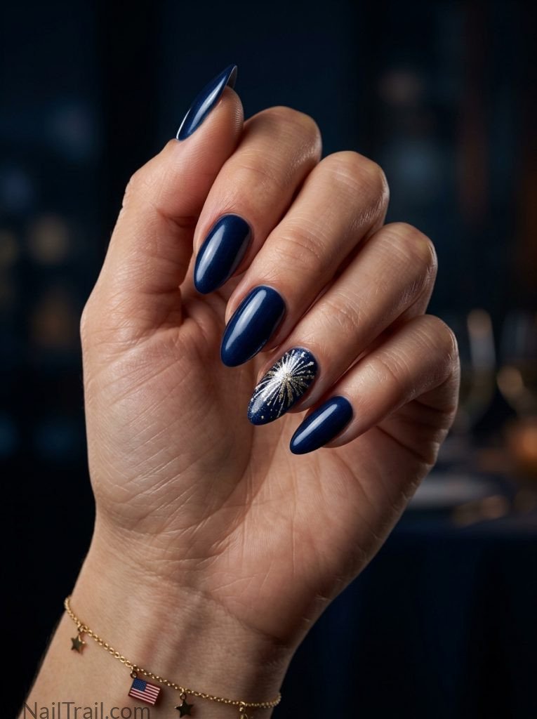 simple patriotic nail art firework gel almond navy silver gold glitter burst accent glossy dramatic