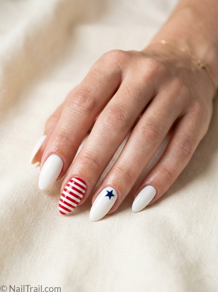 simple patriotic nails design stripe art almond red white horizontal navy star accent glossy 4th of july