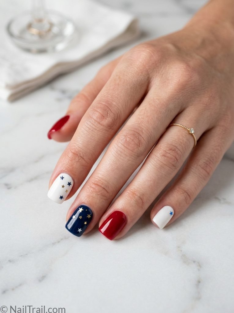 simple patriotic nails red white blue short square alternating star sticker glossy gel 4th of july