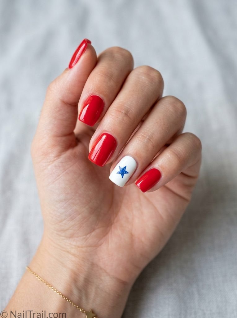 simple patriotic nails 4th of july red gel short square white accent blue star glossy bold festivesimple patriotic nails 4th of july red gel short square white accent blue star glossy bold festive