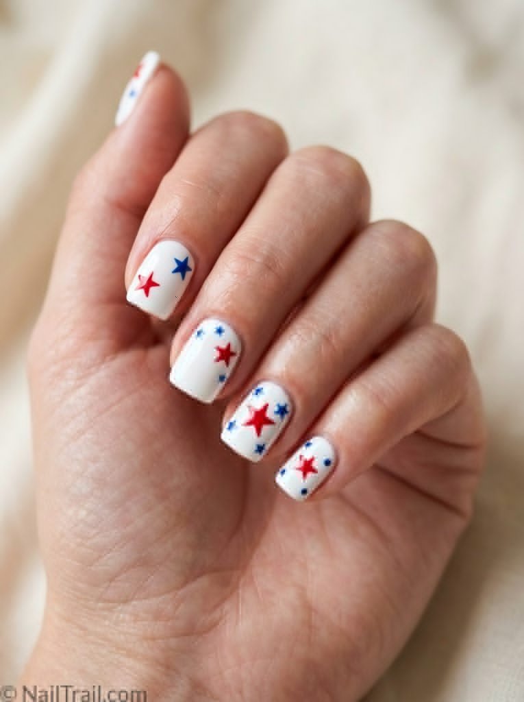 simple patriotic nails short square white gel red blue star drawn each nail glossy clean patriotic