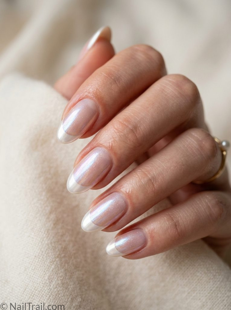 summer french tip nails pearl chrome tip oval shape iridescent shimmer finish cream background