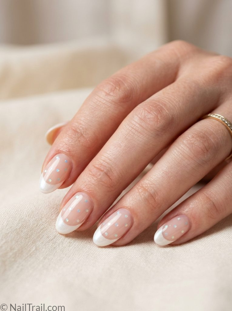 pearl french tip nails polka dots oval shape iridescent dots glossy gel finish bridal
