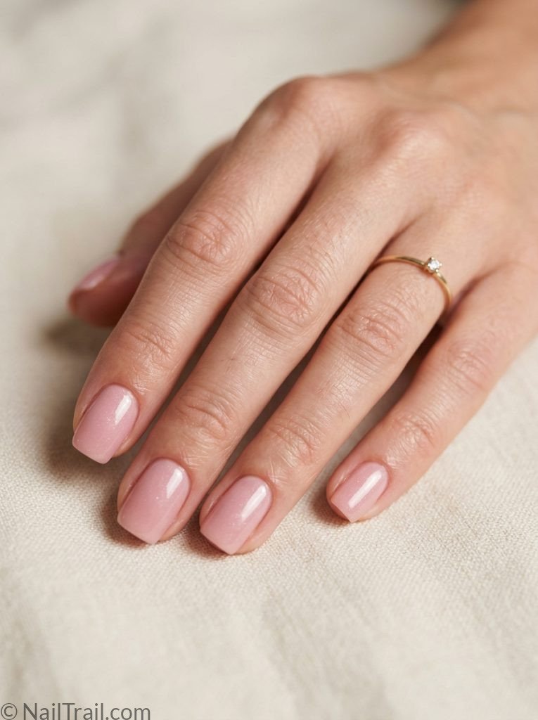 extra short nail ideas acrylic short nails soft pink shimmer glossy finish cream background