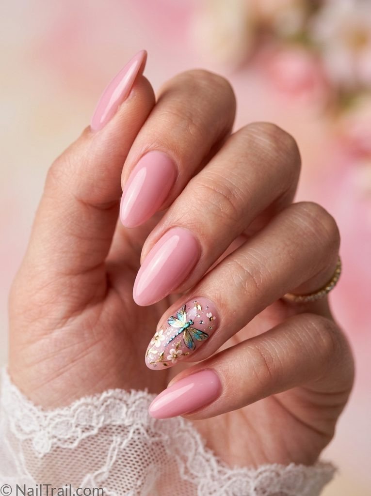 pink dragonfly nails cute floral almond sweet feminine nature glossy romantic