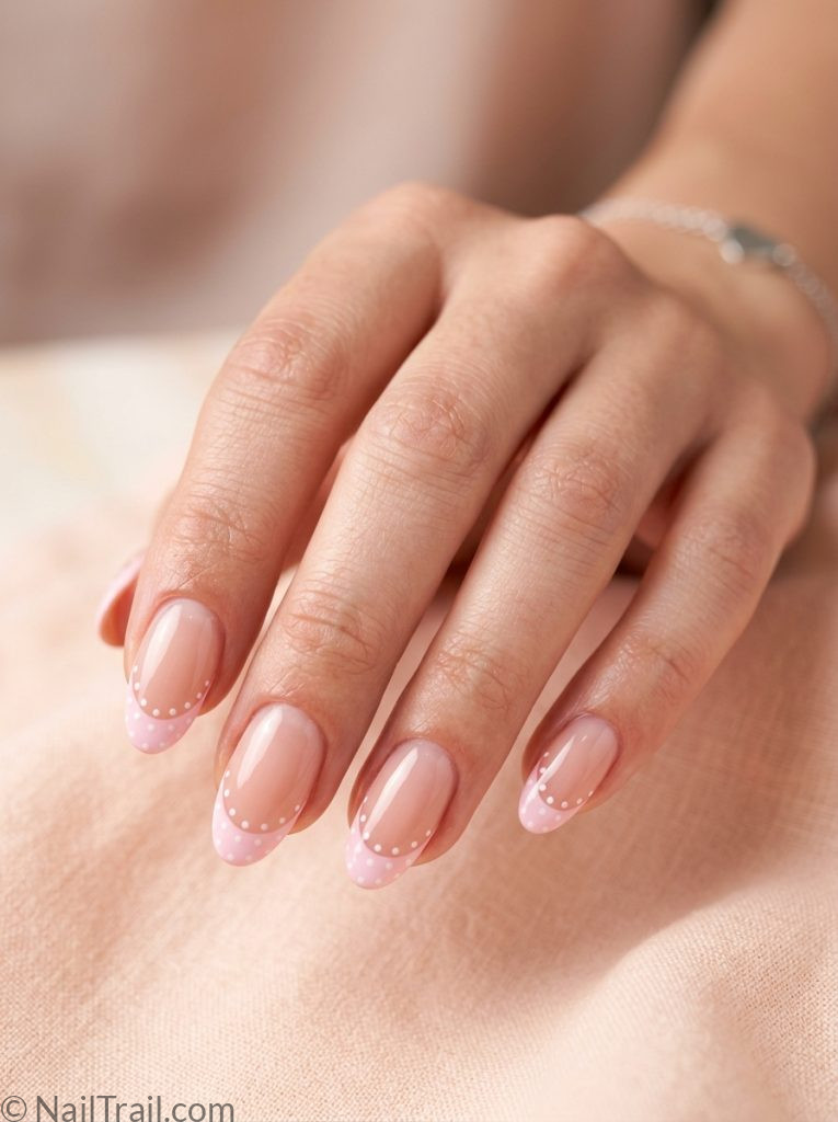 pink french tip nails polka dots oval shape white dots glossy gel finish