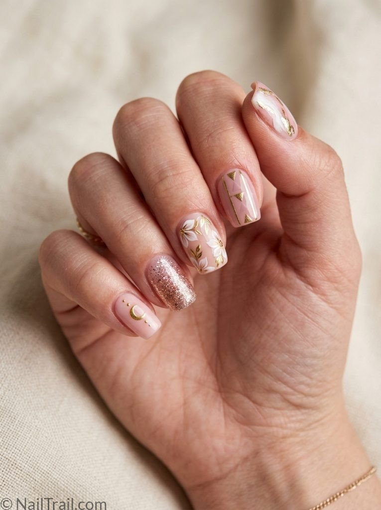 unique short nail ideas square shape mismatched designs pink gold coordinating tones glossy gel finish