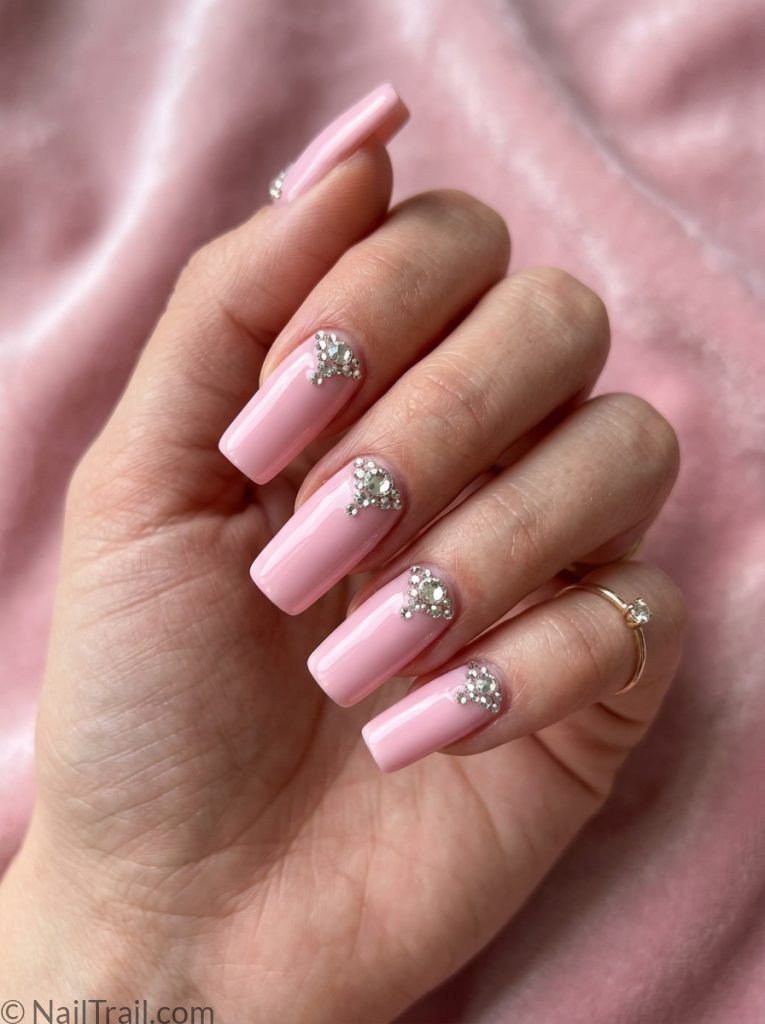 2000s square nails long square shape baby pink rhinestone accent each nail glossy gel finish pink background