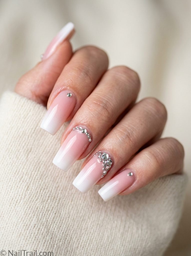 Image Prompt: Close-up macro shot of a single elegant feminine hand with long square nails in white base featuring large bold polka dots in pink black and yellow, glossy finish, realistic skin texture, white marble background, soft studio lighting, photorealistic, 8k, salon quality manicure