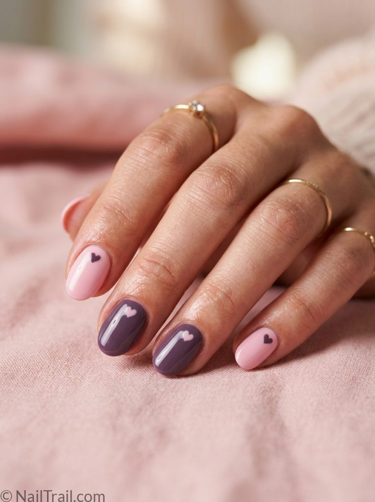 bts nails short oval shape alternating pink army purple heart details glossy gel finish pink background