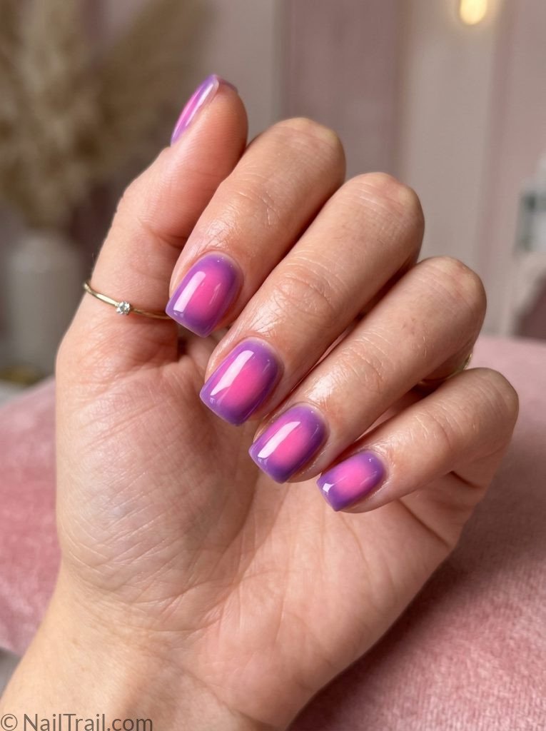 extra short nail ideas square shape aura effect pink purple glossy gel finish 2026 trend