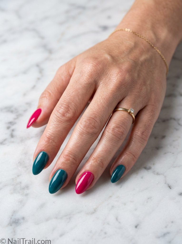 pink teal nails duo tone almond bold vibrant hot pink deep glossy striking unexpected