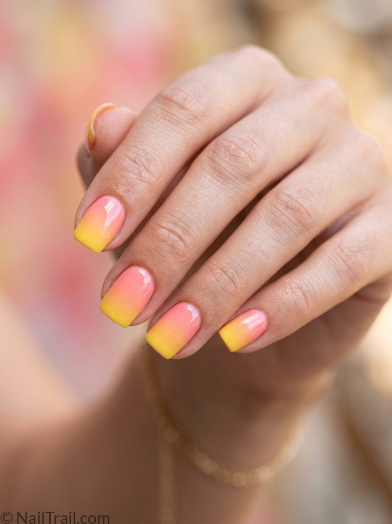 very short nails ideas summer ombre pink yellow square gradient glossy warm sunny