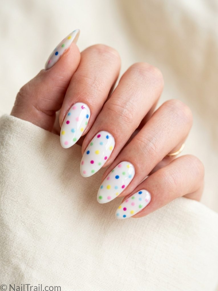 nail inspo almond polka dot white base colorful pink blue yellow green glossy fun retro