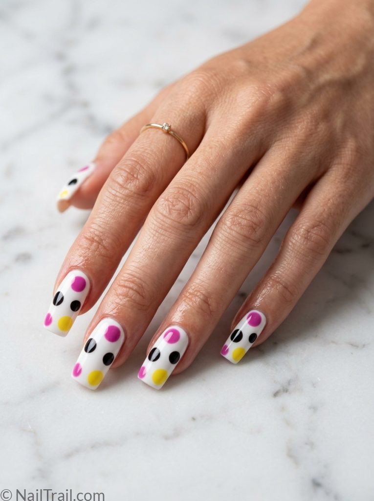 2000s square nails long square shape large polka dots pink black yellow white base glossy finish marble background