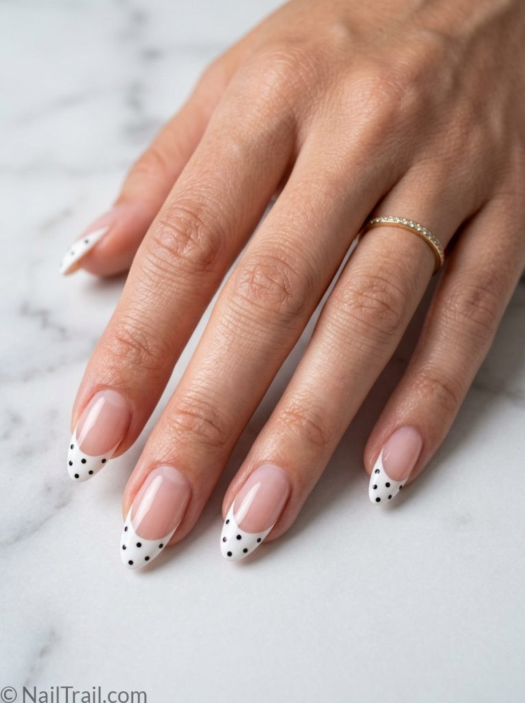 french tip nails polka dots almond shape black dots white tip glossy gel finish
