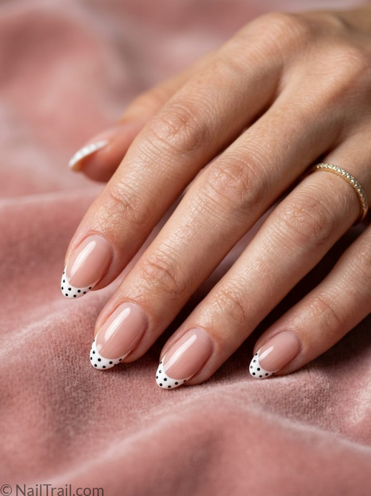 nude base french tip nails polka dots oval shape thin white tip black dots glossy finish