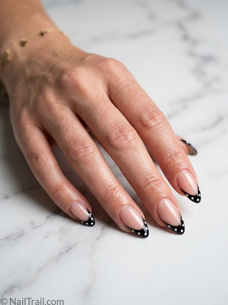 black french tip nails polka dots almond shape white dots glossy gel finish bold