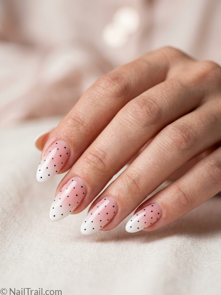 ombre french tip nails polka dots almond shape pink to white gradient black dots glossy gel