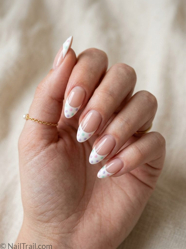 pastel french tip nails polka dots almond shape pink lavender mint dots white tip glossy finish