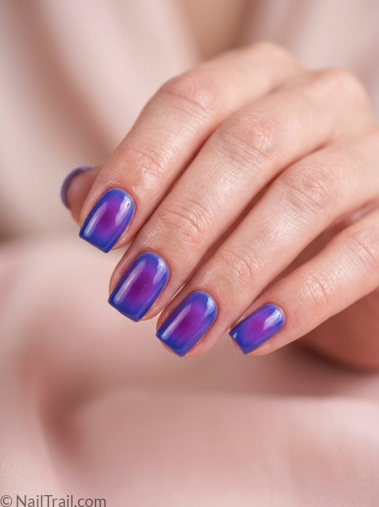 unique short nail ideas square shape aura effect purple blue blend glossy gel finish pink background