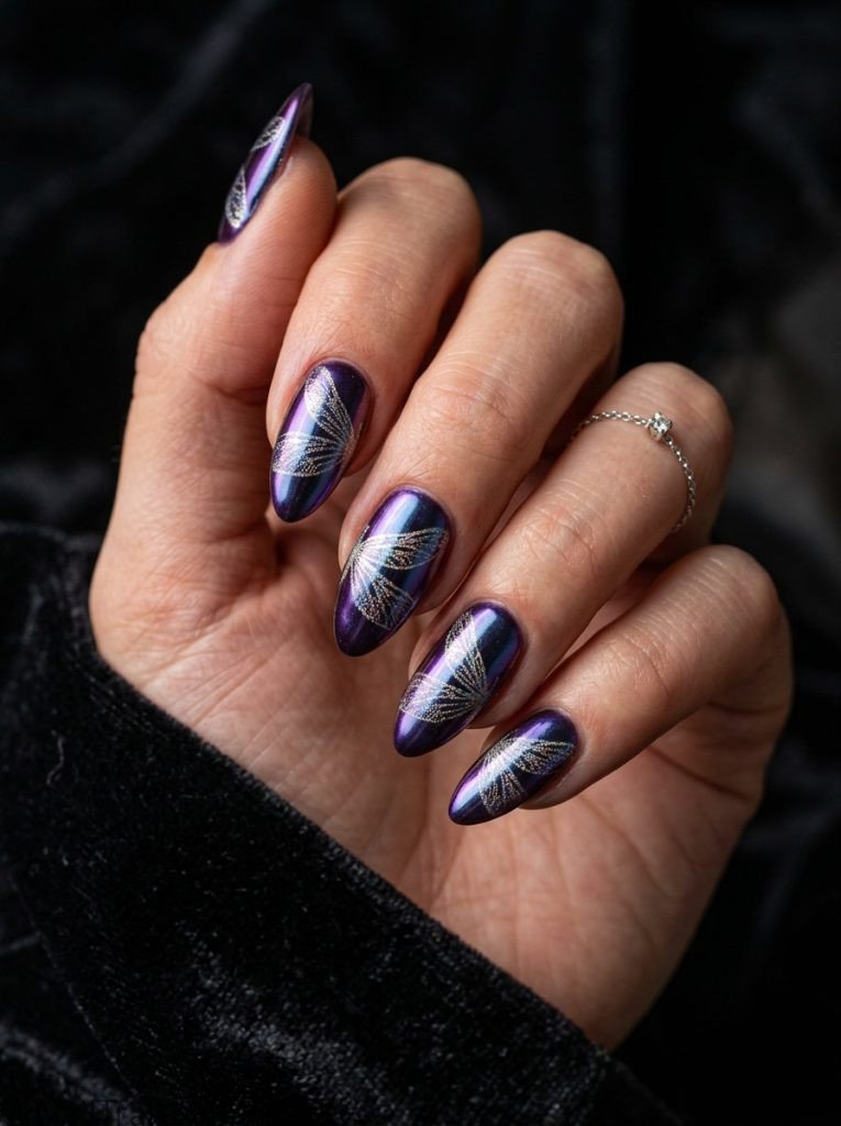 purple dragonfly nails iridescent chrome almond magical dimensional shimmer glossy mystical