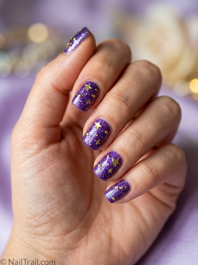 bts nails short square shape purple glitter gold star rhinestone accents glossy finish gradient background