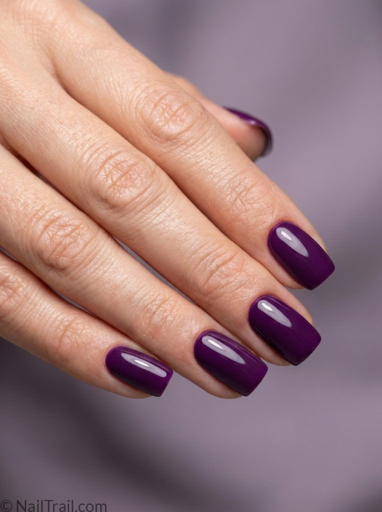 bts nails short square shape deep army purple glossy gel finish gradient background