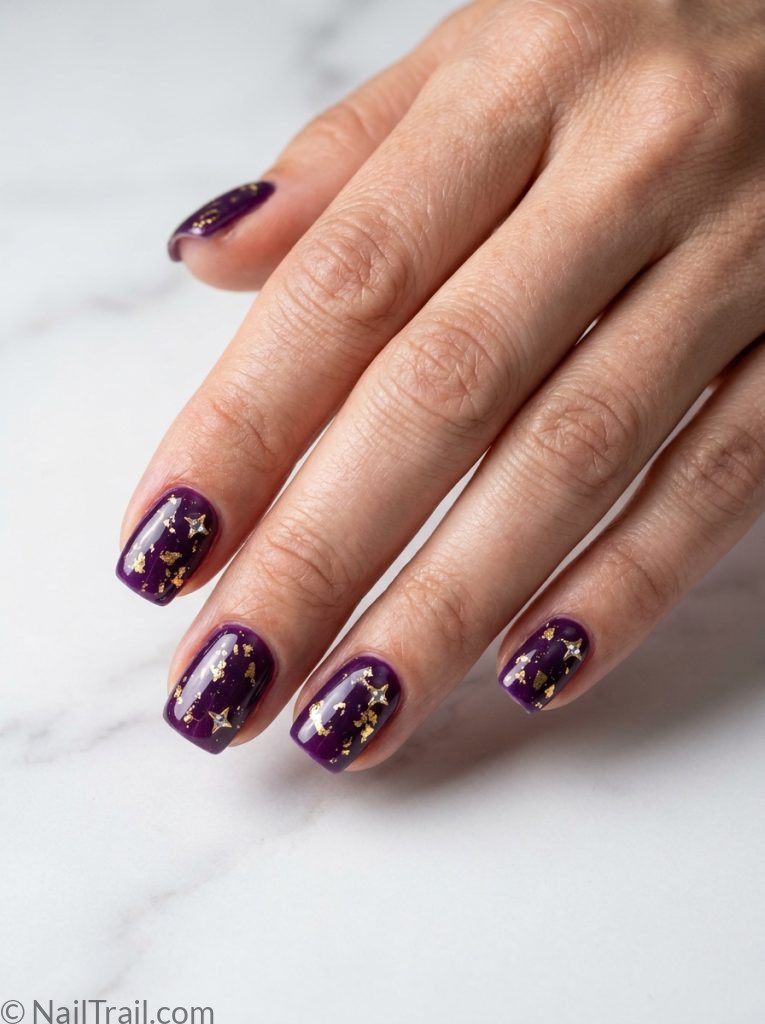 bts nails short square shape deep purple gold foil star rhinestones glossy gel finish marble background