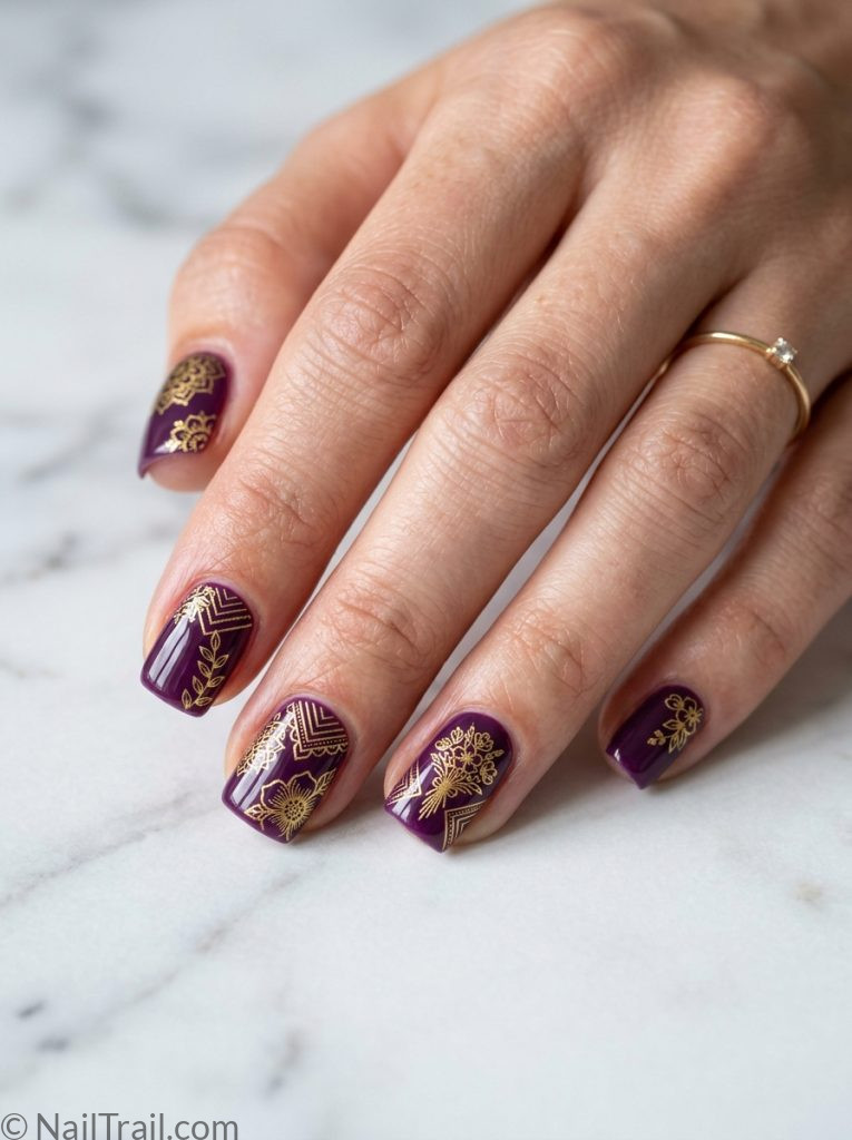 bts nails short square shape army purple gold stamped floral geometric pattern glossy gel finish marble background