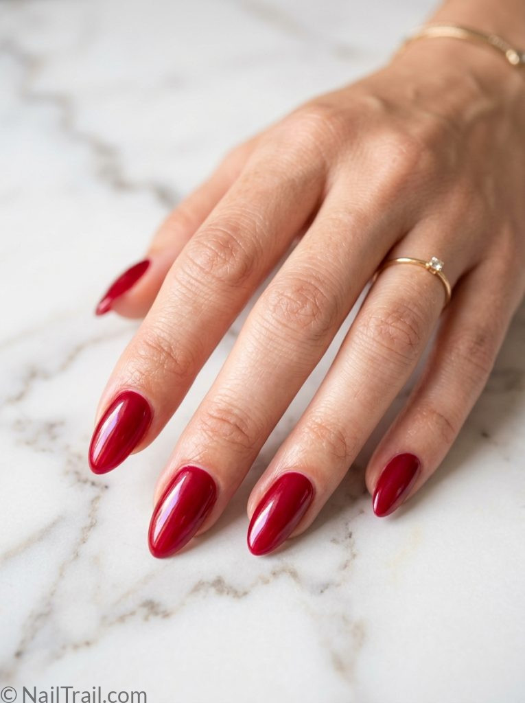 red nail inspo almond cherry glazed high shine glossy bold classic timeless
