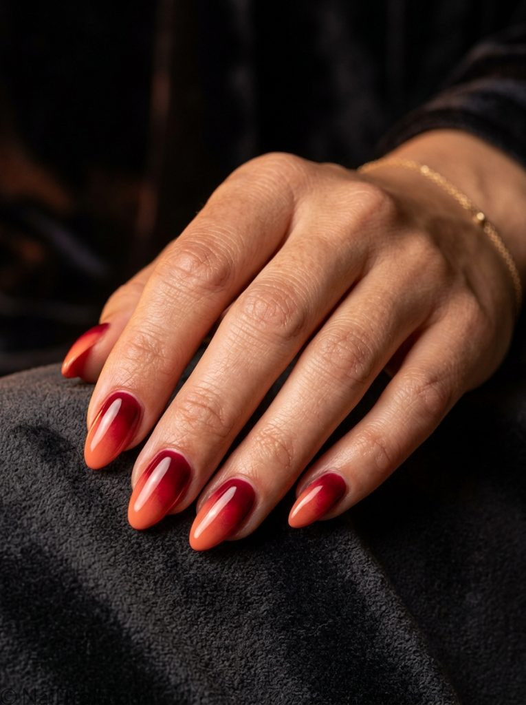 red aura summer nails crimson coral almond sunset gradient glossy dramatic warm bold