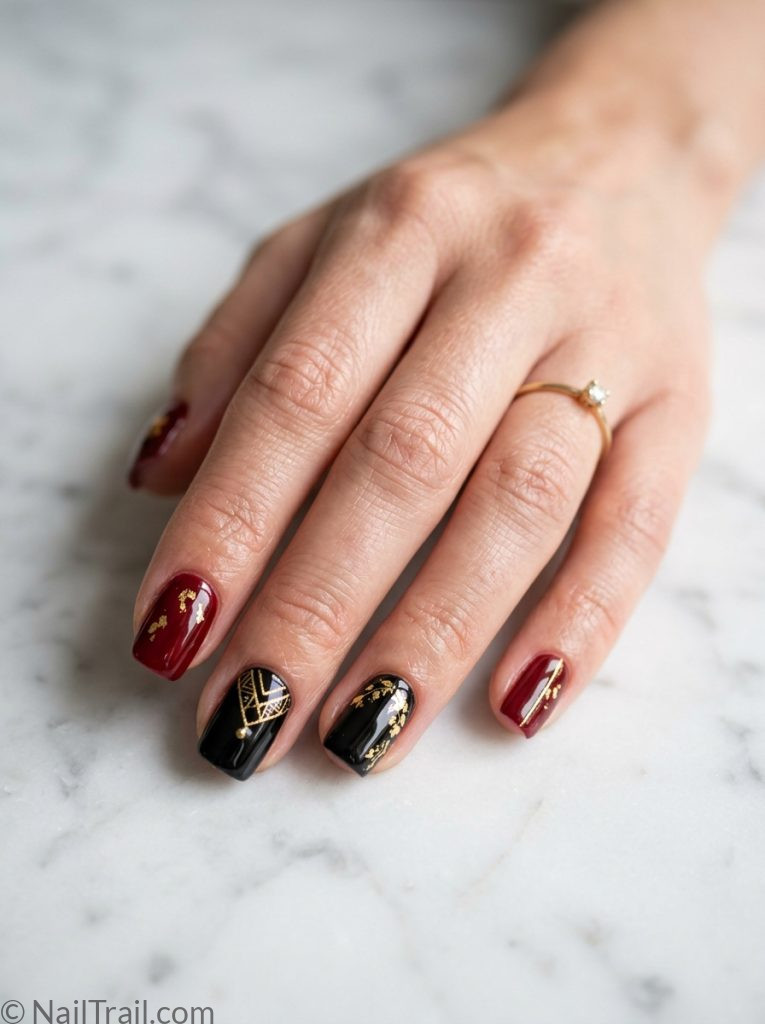  michael jackson nails short square shape alternating red black gold accent detail glossy gel finish marble background