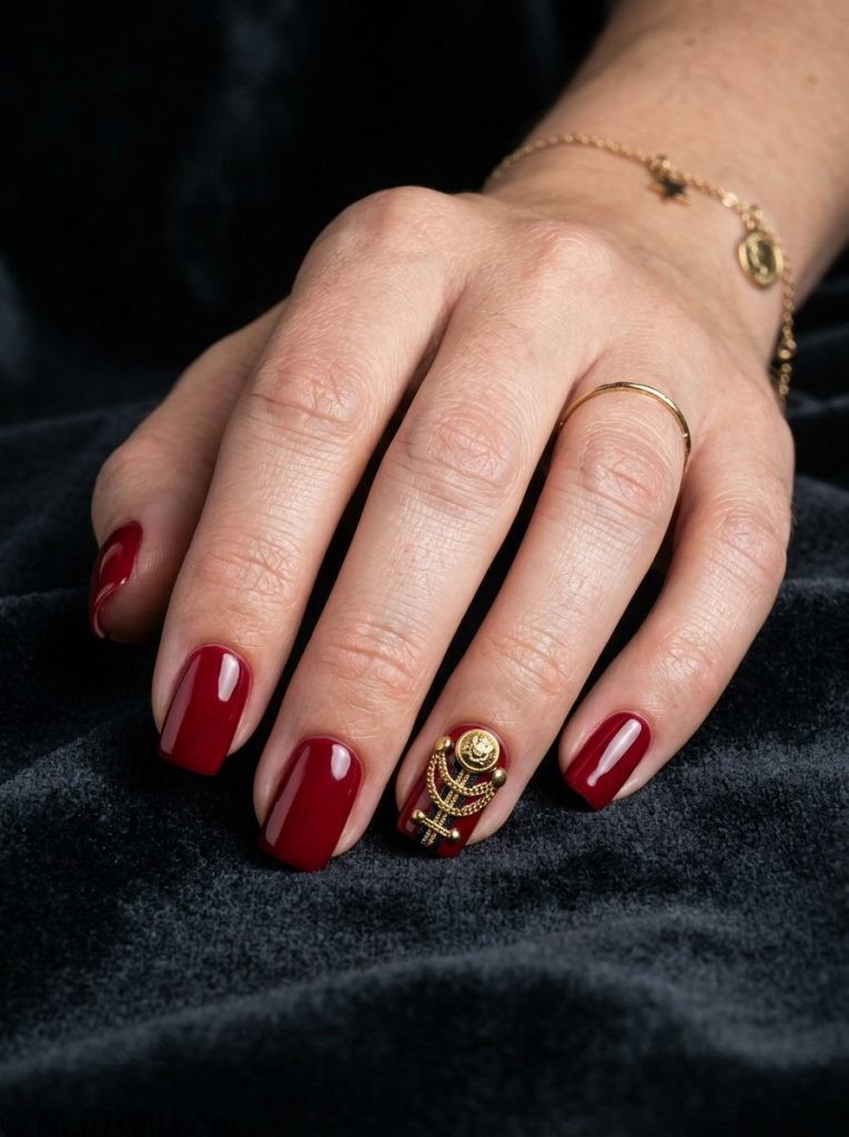 michael jackson nails short square shape deep red black gold military epaulette detail glossy gel finish dark moody background