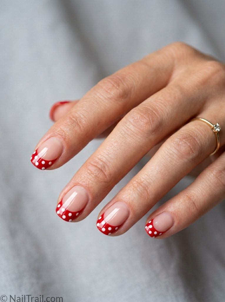 retro french tip nails polka dots short nails red tip large white dots glossy finish