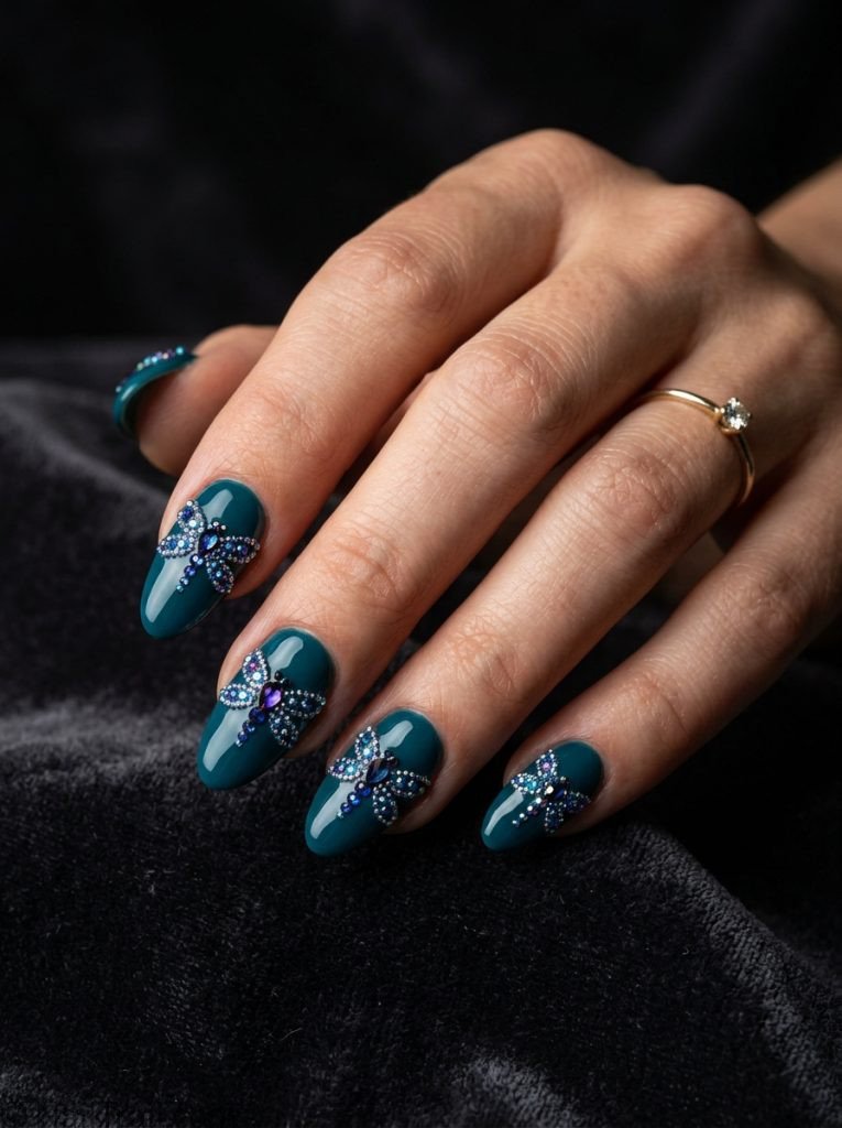 rhinestone dragonfly nails full gem set teal almond blue purple wings glossy glamorous dimensional